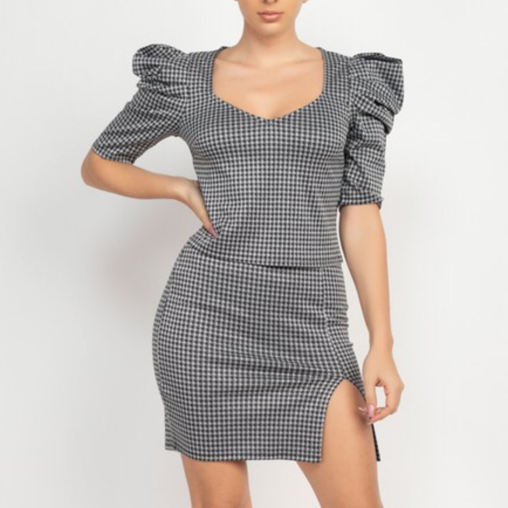Black Gray Houndstooth Puff Sleeve Top Mini Skirt Set Small Medium Large